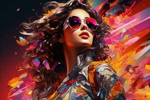 Portrait of a beautiful fashionable woman with curly hair and sunglasses. AI Generated photo