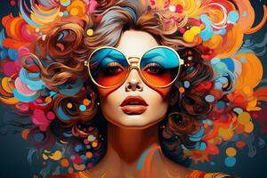 Portrait of a beautiful fashionable woman with curly hair and sunglasses. AI Generated photo