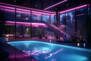 Swimming pool with neon lights at night. 3D rendering. AI Generated photo