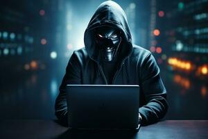 Hooded hacker stealing information from a laptop. Dark background. AI Generated photo