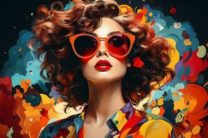 Portrait of a beautiful fashionable woman with curly hair and sunglasses. AI Generated photo