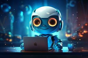 Cute Robot working on laptop with heart icon. 3d illustration. AI Generated photo