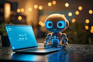 Cute Robot working on laptop with heart icon. 3d illustration. AI Generated photo