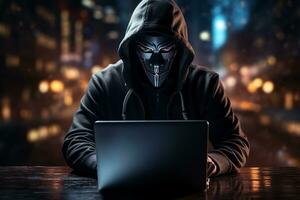 Hooded hacker stealing information from a laptop. Dark background. AI Generated photo