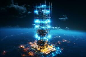 Telecommunication tower in futuristic city at night. 3D rendering. AI Generated photo