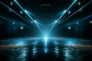 abstract scene on a dark blue background with rays of light and smoke AI Generated photo