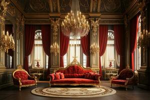 Luxury royal interior of royal palace with red velvet sofa and gold walls AI Generated photo