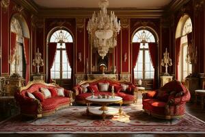 Luxury royal interior of royal palace with red velvet sofa and gold walls AI Generated photo