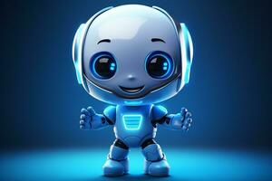 3d representación de un linda robot personaje con auriculares aislado en oscuro azul antecedentes ai generado foto