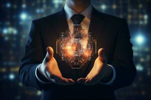 Close up of businessman holding digital chip in palm. 3D rendering AI Generated photo