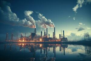 Refinery plant with smokestack at sunrise. Industrial landscape AI Generated photo