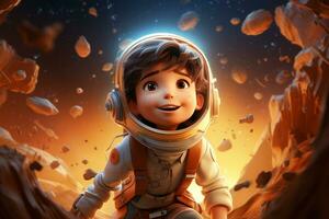 3d representación de un pequeño niña en un astronauta traje y casco ai generado foto