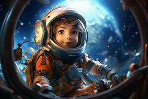 3d representación de un pequeño niña en un astronauta traje y casco ai generado foto