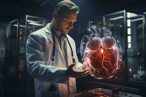 close up of male doctor in virtual reality headset working with x ray projection over office background AI Generated photo