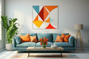 Interior of modern living room with blue sofa and orange cushions and colorful wall AI Generated photo