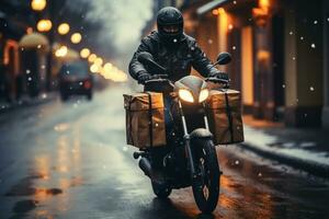 entrega hombre en un moto con cajas en el ciudad a noche ai generado foto