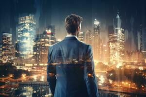 Rear view of businessman looking at night city with skyscrapers AI Generated photo