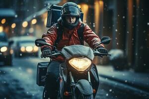 entrega hombre en un moto con cajas en el ciudad a noche ai generado foto