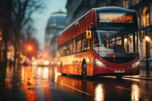 rojo doble decker autobús en el la carretera en Londres a puesta de sol. ai generado foto