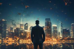 Rear view of businessman looking at night city with skyscrapers AI Generated photo