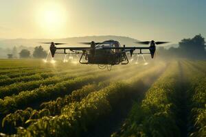 Drone spraying pesticides on agricultural field at sunset. Drone spraying pesticides on agricultural field. AI Generated photo