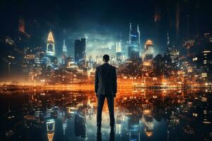 Rear view of businessman looking at night city with skyscrapers AI Generated photo