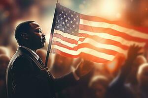 retrato de un afroamericano hombre en el antecedentes de el americano bandera. ai generado foto