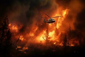 Burning forest and helicopter at night. Fire in the air. Ai Generated photo