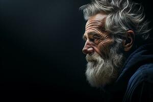 retrato de un antiguo hombre con gris pelo y barba en un negro antecedentes ai generado foto