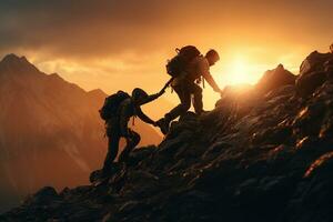 trabajo en equipo de dos escaladores en el parte superior de un montaña a amanecer ai generado foto