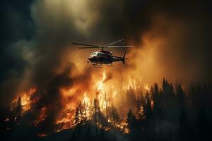 Burning forest and helicopter at night. Fire in the air. Ai Generated photo