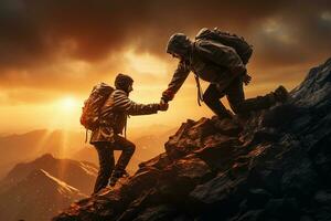 teamwork of two climbers on the top of a mountain at sunrise Ai Generated photo