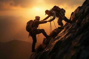 trabajo en equipo de dos escaladores en el parte superior de un montaña a amanecer ai generado foto