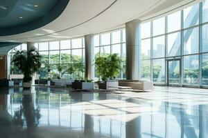 Interior of a modern office building, wide angle view of the lobby Ai Generated photo