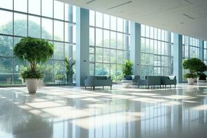 Interior of a modern office building, wide angle view of the lobby Ai Generated photo