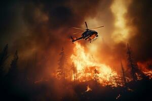 Burning forest and helicopter at night. Fire in the air. Ai Generated photo