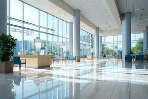 Interior of a modern office building, wide angle view of the lobby Ai Generated photo