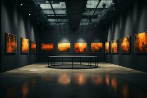 Interior of modern museum with empty frames. Gallery concept. 3D Rendering Ai Generated photo