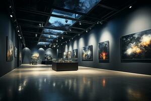 Interior of modern museum with empty frames. Gallery concept. 3D Rendering Ai Generated photo