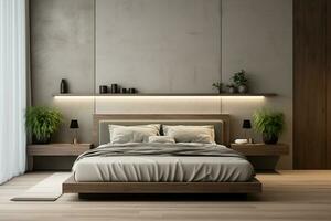 interior de moderno dormitorio con oscuro gris paredes, de madera piso, cómodo Rey Talla cama con gris lino y decorativo lámparas 3d representación ai generado foto