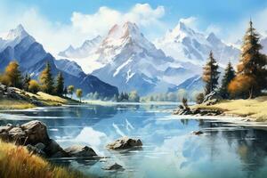 Beautiful mountain landscape with river and high mountains. Digital painting. Ai Generated photo