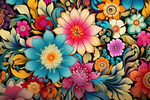 Seamless floral pattern with dahlias in retro style. Ai Generated photo