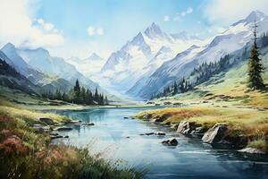 Beautiful mountain landscape with river and high mountains. Digital painting. Ai Generated photo