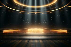 Stage illuminated by spotlights with wooden floor. 3D Rendering Ai Generated photo