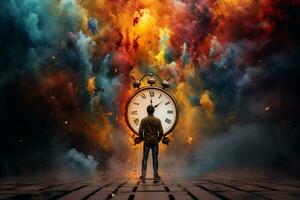 Time is running out concept with a young man standing in front of an old clock Ai Generated photo