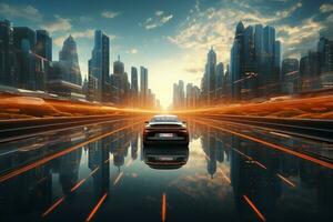 Sport car on the road with motion blur background. 3d rendering Ai Generated photo