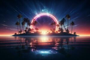 Fantasy island with palm trees and rainbow. 3D render. Ai Generated photo