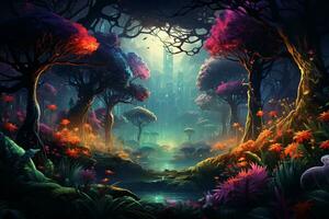 Fantasy landscape with mushrooms in the forest. 3D illustration. Ai Generated photo