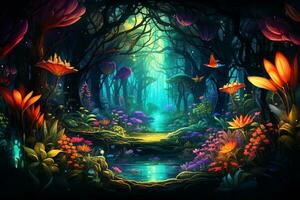 Fantasy landscape with mushrooms in the forest. 3D illustration. Ai Generated photo