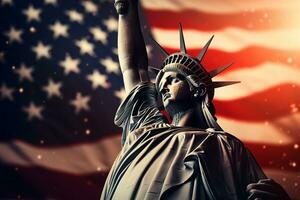 el estatua de libertad y el americano bandera. el concepto de el unido estados de America. ai generado foto